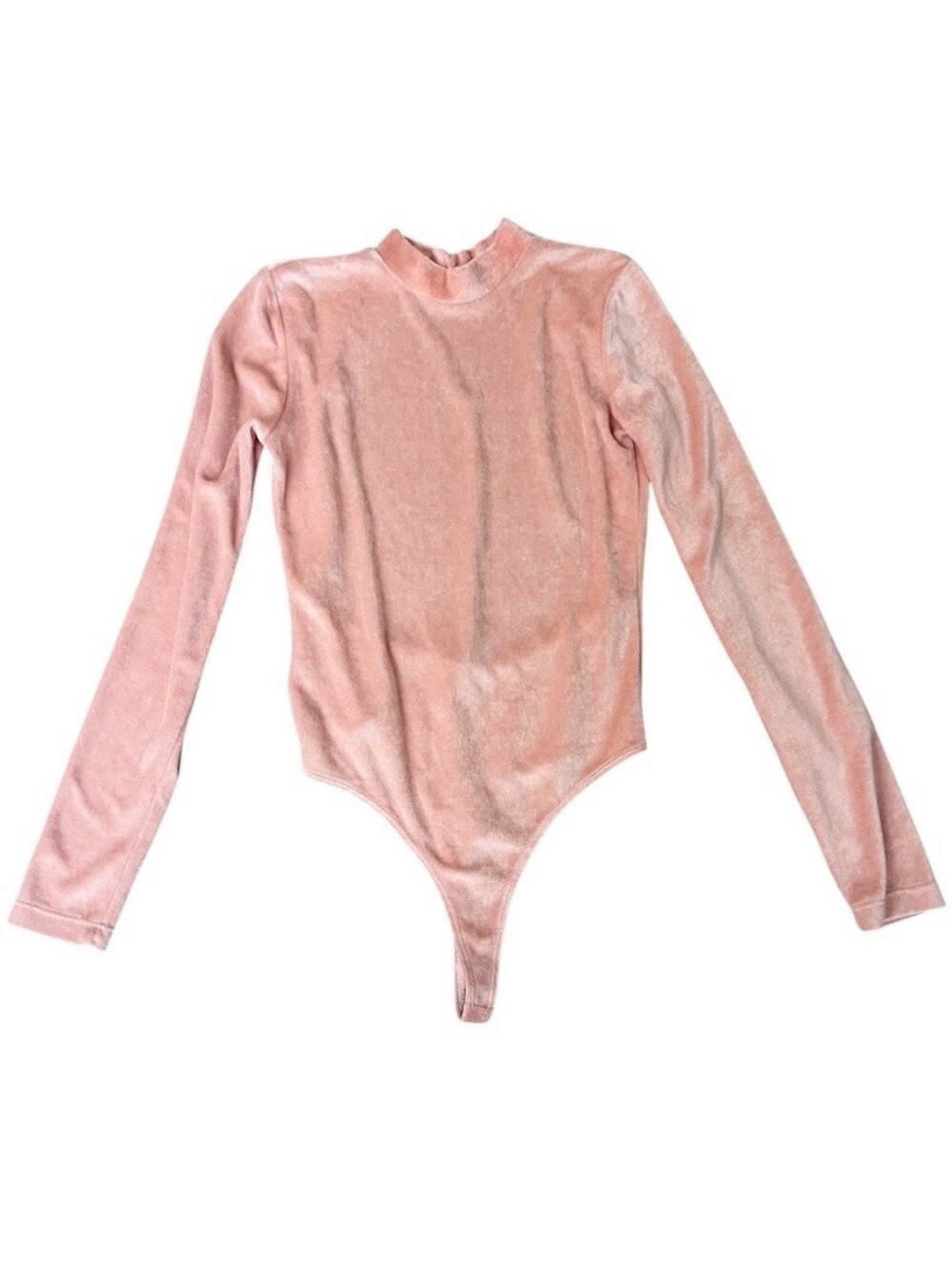 Out From Under NWT Bodysuit Top Velvet Long Slv Peach XS Open Back Mock Neck